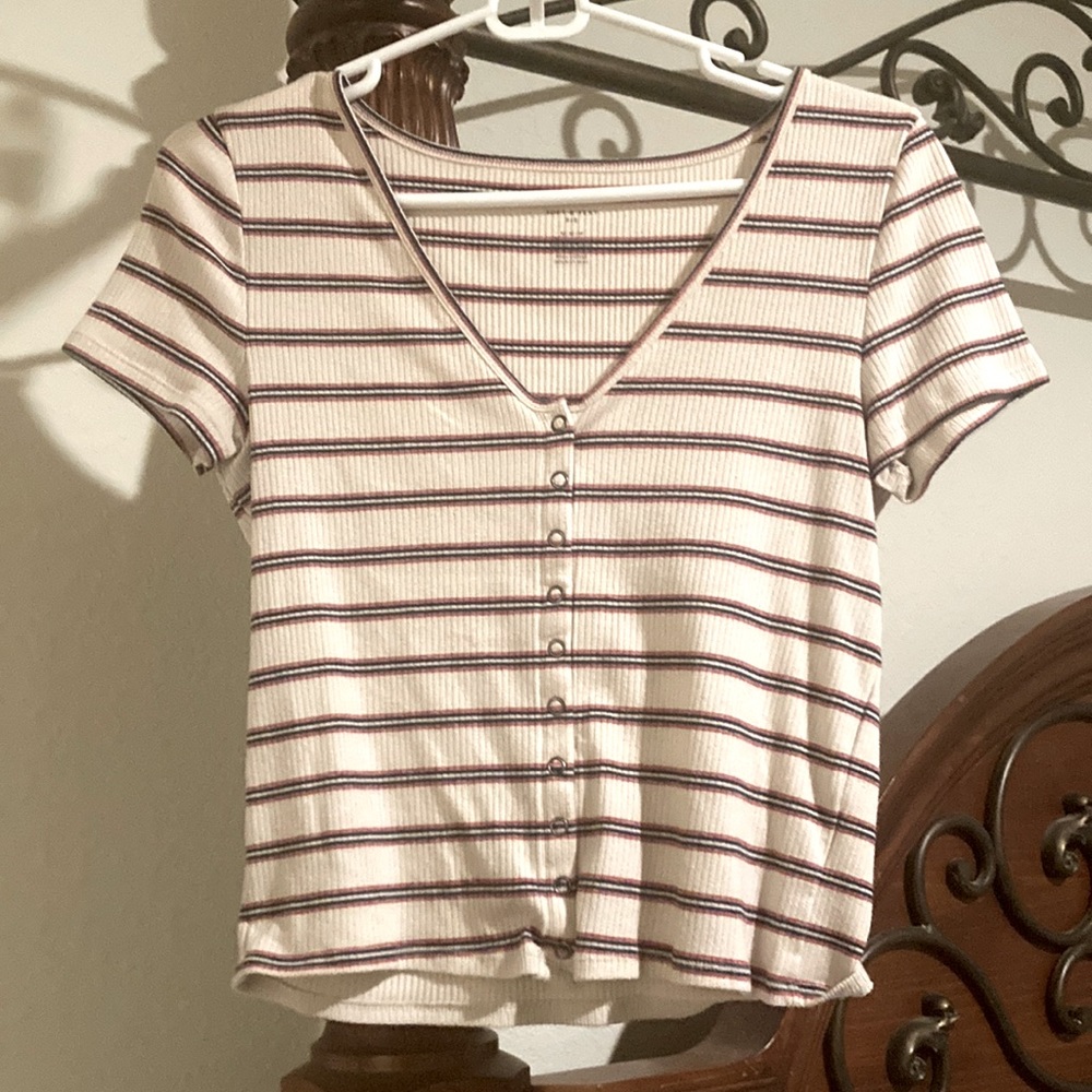 soft and sexy rib tee from american eagle, tan with blue white and red stripes